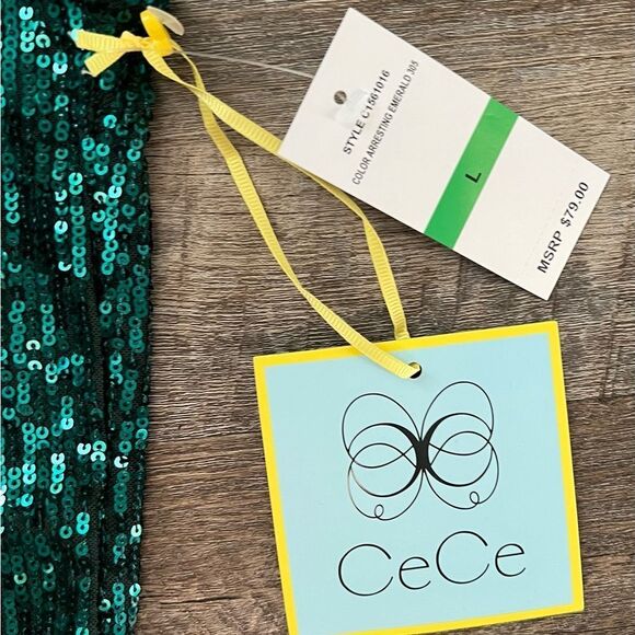 CeCe Sequined V-Neck Cap-Sleeve Green Blouse-Size Large - Picture 3 of 7